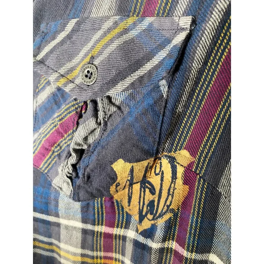 Harley Davidson Womens Blue Plaid Cotton Gauzy Long Sleeve Button Up Shirt Biker